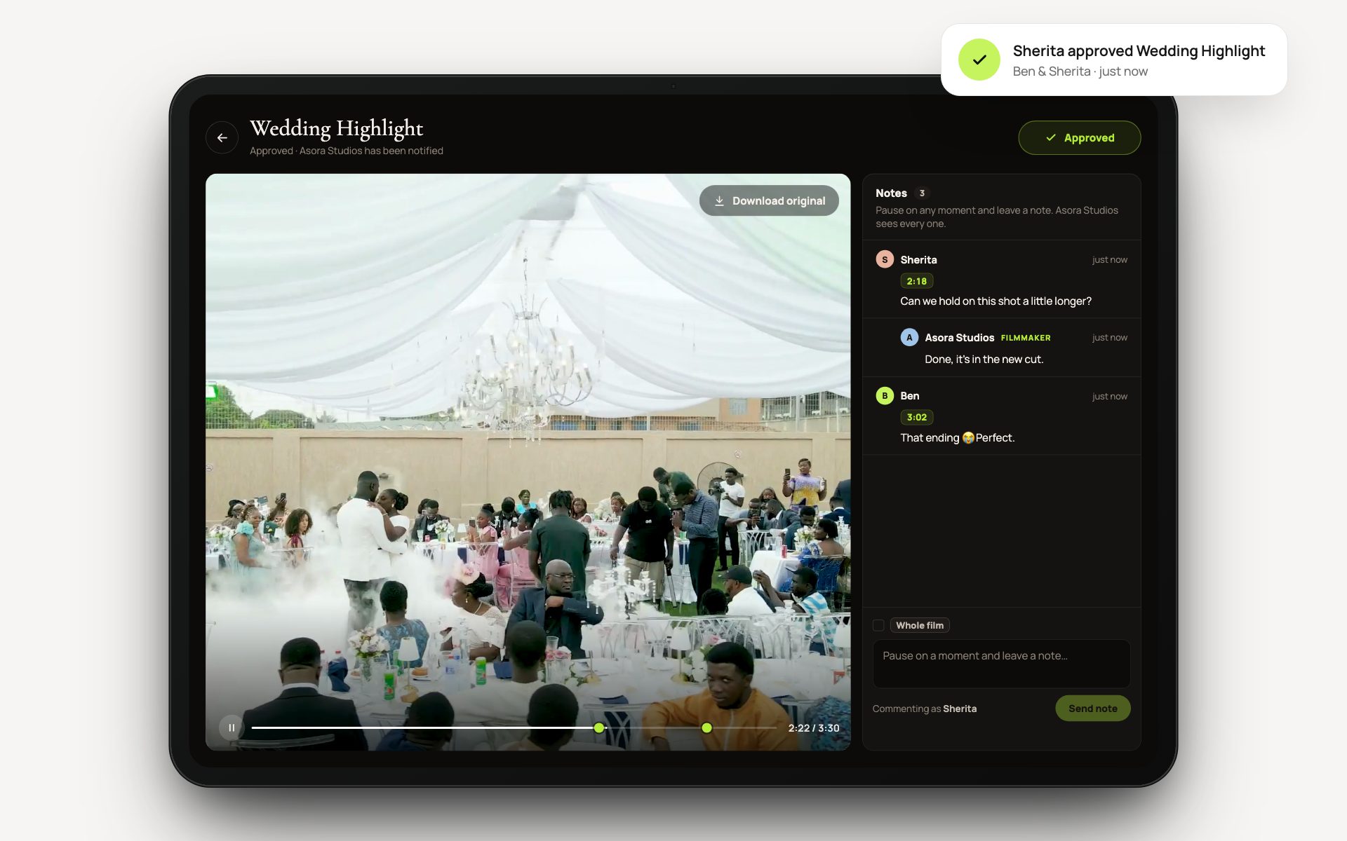 A wedding film on Lenslyst: uploaded, styled for delivery, and approved by the client after timecoded notes